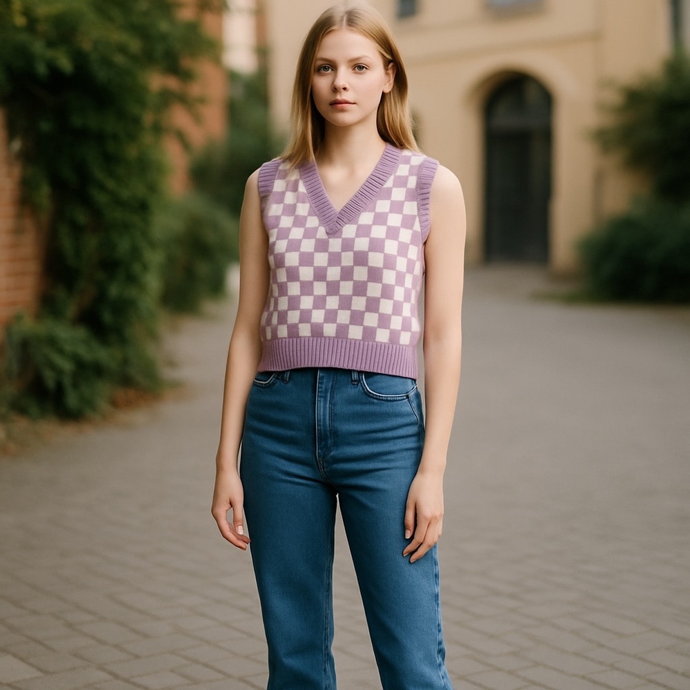 Love Tree Lavender & Cream Checkerboard V‑Neck Knit Tank *see small flaw* - Picture 2 of 7